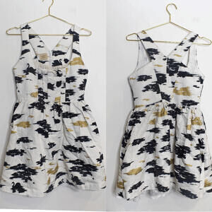 Twinkle by Wenlan Cream Gold Charcoal Brocade A Line Short Sleeveless Dress - 6